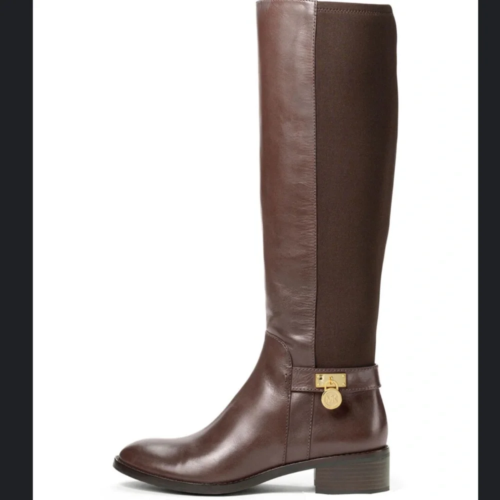 NEW MICHAEL KORS HAMILTON Leather/Stretch Brown Leather Riding Boots Size 5.5M